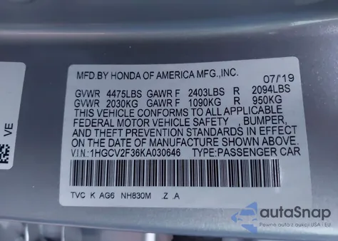 2019 Honda Accord Sport 2.0T из США, поврежденный, VIN 1HGCV2F36KA030646